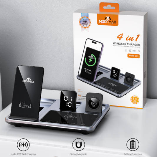 MOOGMAX 4 في 1 – شاحن لاسلكي متعدد الوظائف بتصميم مغناطيسي وشحن سريع حتى 15 واط